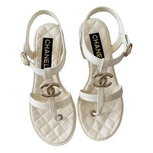 CHANEL Ivory Calfskin and Metal Leather Sandals 37 Like New